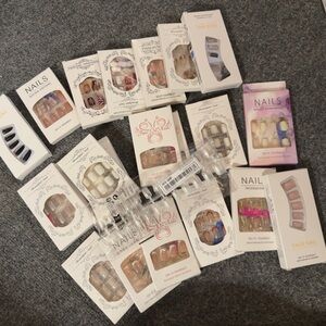 Lot of 22 Assorted Press-on Nail Tips Sets & 100 Clear Tips Short Square Shape